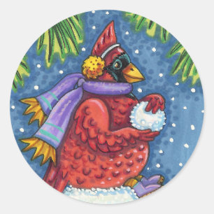CARDINALE GARING SNOWMAN, CUTE CHRISTMAS REDBIRD RONDE STICKER