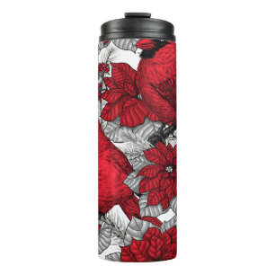 Cardinals and poinsettia in red and white thermosbeker