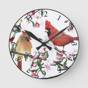 Cardinals & Apple Blossoms Wall Clock Ronde Klok