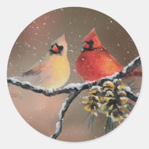 CARDINALS IN DE SNEEUW DOOR SHARON SHARPE RONDE STICKER