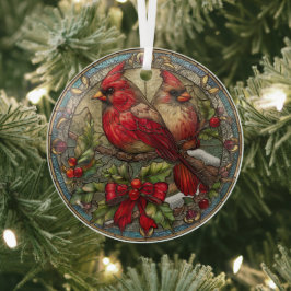 Cardinals on Holly Branch with Red Ribbon Glas Ornament