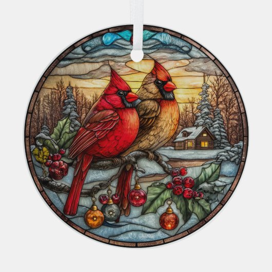 Cardinals on Snowy Branch with Holly Glas Ornament (Achterkant)