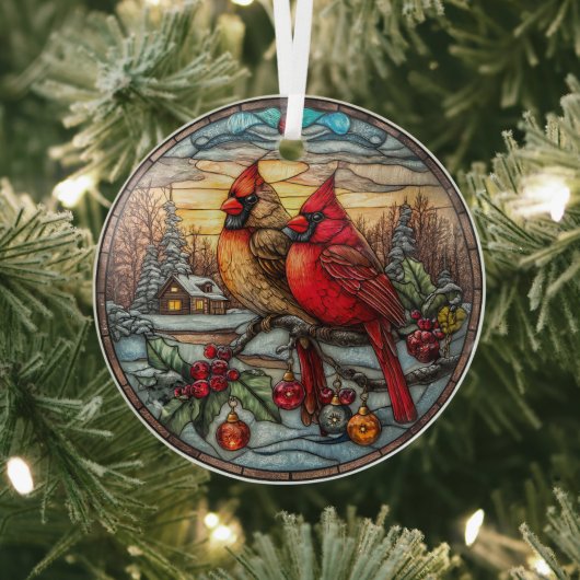 Cardinals on Snowy Branch with Holly Glas Ornament (Insitu)
