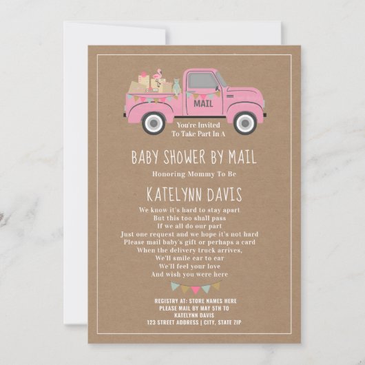Cardstock geïnspireerd roze vrachtwagen Baby showe Kaart (Voorkant)