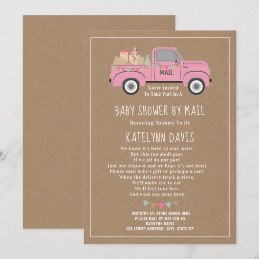 Cardstock geïnspireerd roze vrachtwagen Baby showe Kaart (Voorkant / Achterkant)