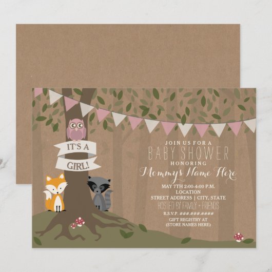 Cardstock Geïnspireerd Woodland Baby shower - Meis Kaart (Voorkant / Achterkant)