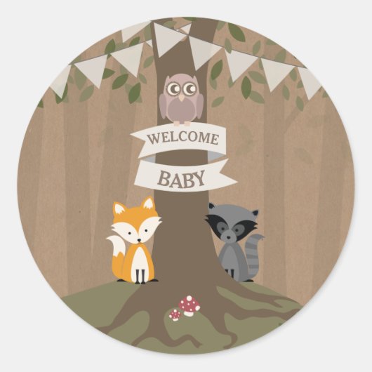 Cardstock Geïnspireerd Woodland Baby shower Neutra Ronde Sticker (Voorkant)