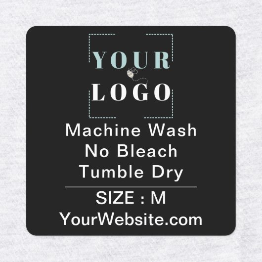 Care Instructions and Size Square Black Clothing Labels (Design 2)