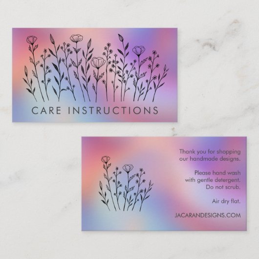 CARE INSTRUCTIONS Chic Elegant Wildflower TieDye Visitekaartje (Voorkant / Achterkant)