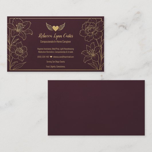 Caregiver Elegant Floral Professional Services Visitekaartje (Voorkant / Achterkant)