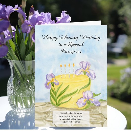 Caregiver Happy February Irises Birthday Cake Kaart