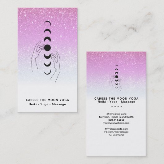 *~* Caress Moon Phases + Hands Celestial Glitter Visitekaartje (Voorkant / Achterkant)