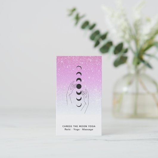 *~* Caress Moon Phases + Hands Celestial Glitter Visitekaartje (Staand voorkant)