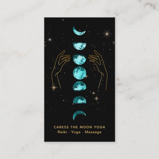 *~* Caress Moon Turquoise Blue Phases + Hands Star Visitekaartje (Voorkant)