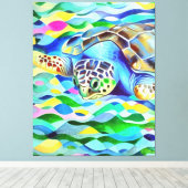 Caretta Caretta Turtle Cute and Colorful Art Canvas Afdruk (Insitu (Houten vloer))