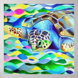 Caretta Caretta Turtle Cute and Colorful Art Poster