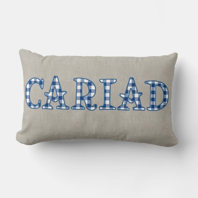 Cariad Welsh Check Gingham Text Design on Burlap Kussen (Voorkant)