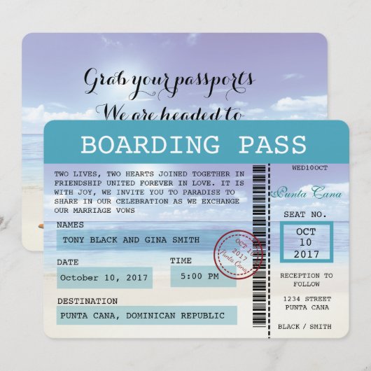 Caribbean Dreams Wedding Boarding Pass uitnodiging (Voorkant / Achterkant)
