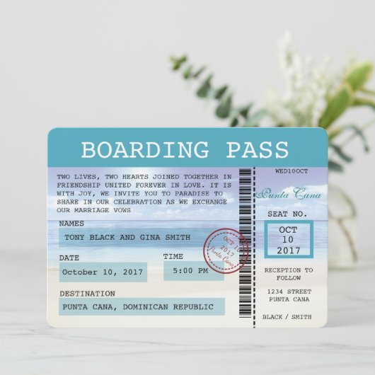 Caribbean Dreams Wedding Boarding Pass uitnodiging (Staand voorkant)