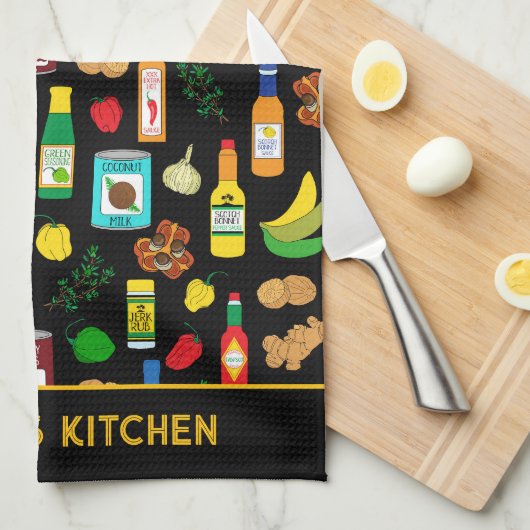 Caribbean Food Patterned Custom Name Theedoek (Quarter Fold)