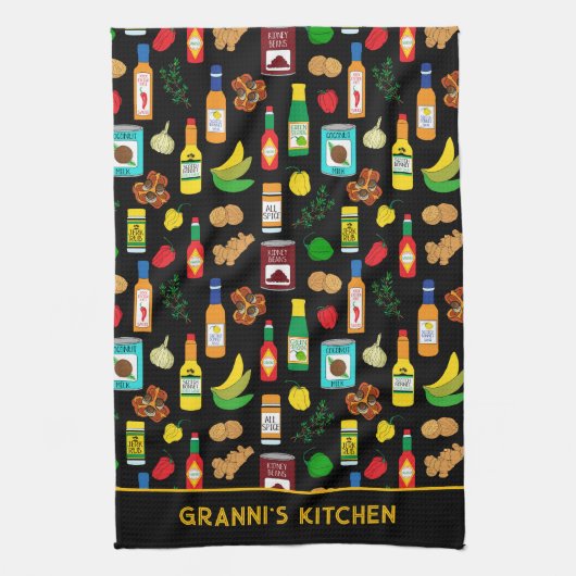 Caribbean Food Patterned Custom Name Theedoek (Verticaal)