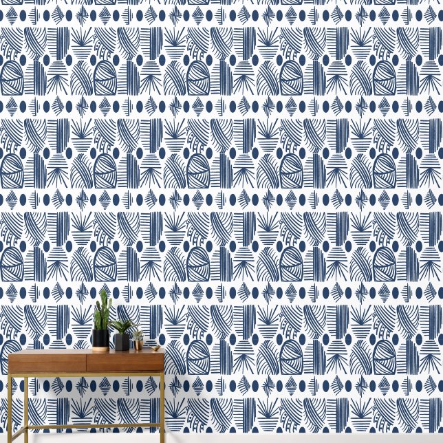 Caribbean Tribal Mudcloth: Blauw en Wit Behang (Hal)