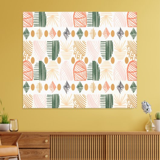 Caribbean Tribal Mudcloth: Boho Donkergroen, Roze Canvas Afdruk (Insitu (Woonkamer))