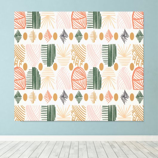 Caribbean Tribal Mudcloth: Boho Donkergroen, Roze Canvas Afdruk (Insitu (Houten vloer))
