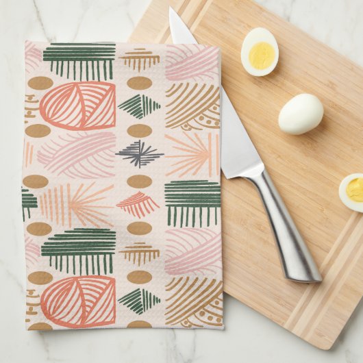 Caribbean Tribal Mudcloth: Boho Donkergroen, Roze Theedoek (Quarter Fold)