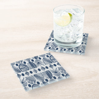 Caribbean Tribal Mudcloth: White, Navy Blue Glazen Onderzetter