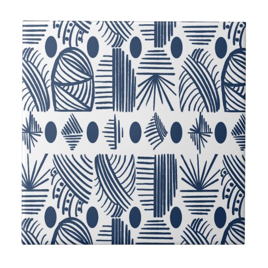 Caribbean Tribal Mudcloth: White, Navy Blue Tegeltje (Voorkant)