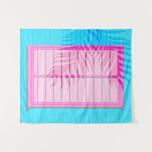 Caribbean Vibes Roze en Blauw Venster Shutters Wandkleed (Voorkant (horizontaal))