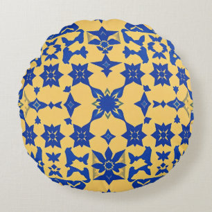 Caribisch Blau Gouden Tegel Motief Patroon Azulejo Rond Kussen