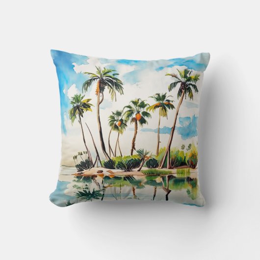 Caribisch Eiland Paradijs Waterverf Palm Bomen v2 Kussen (Voorkant)