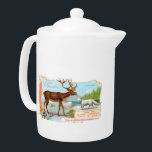 Caribisch gebied (rendieren) en Arctische vos Theepot<br><div class="desc">De voorzijde van een chromo (chromolithograaf), een gedrukte kaart, voorzien van chocolade van de soort Chocolaterie d'Aiguebelle met een caribou, ook bekend als rendier (Rangifer tarandus), en een poolvos (Vulpes lagopus). De Franse tekst luidt "Le Monde des Mammiferes" (wereld van zoogdieren), "Ordre Des: Ruminants 1. renne, Carnassiers 2. lstris (Orde...</div>