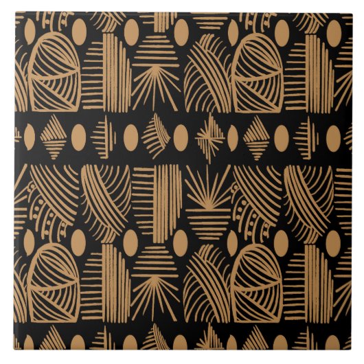 Caribisch Tribal Mudcloth: Zwart, Goud Tegeltje (Voorkant)