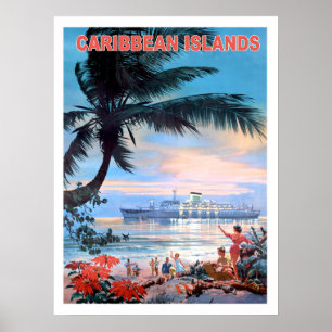 Caribische eilanden, cruiseschip, vintage reis poster