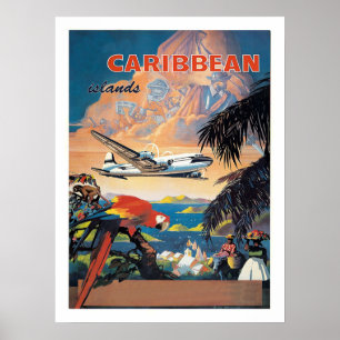 Caribische eilanden per vliegtuig, vintage luchtva poster