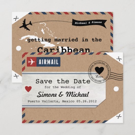 Caribische luchtpost bagagelabel save date met kaa save the date (Voorkant / Achterkant)