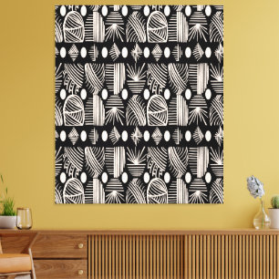 Caribische Tribal Mudcloth: Zwart, Wit, Canvas Afdruk