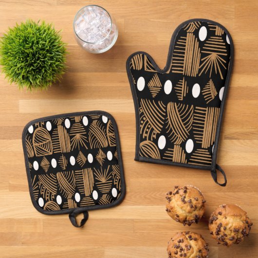 Caribische Tribal Mudcloth: Zwart, Wit, Goud Ovenwant & Pannenlap Set (Top down)