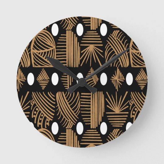 Caribische Tribal Mudcloth: Zwart, Wit, Goud Ronde Klok (Voorkant)