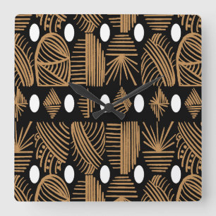 Caribische Tribal Mudcloth: Zwart, Wit, Goud Vierkante Klok