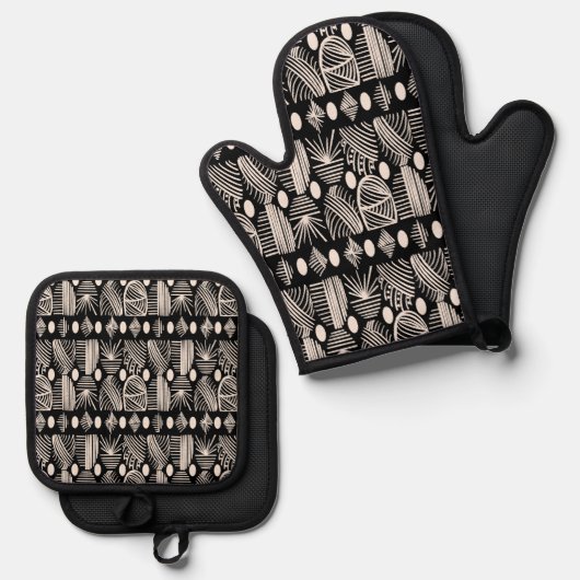 Caribische Tribal Mudcloth: Zwart, Wit, Ovenwant & Pannenlap Set (Voorkant / Achterkant)