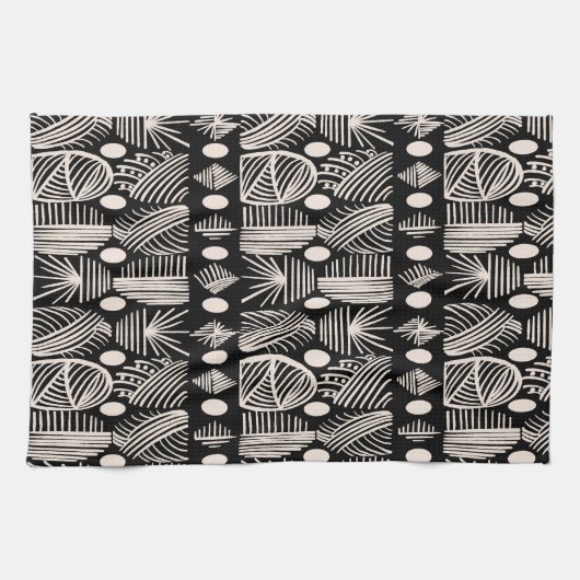 Caribische Tribal Mudcloth: Zwart, Wit, Theedoek (Horizontaal)