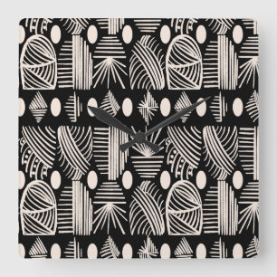 Caribische Tribal Mudcloth: Zwart, Wit, Vierkante Klok