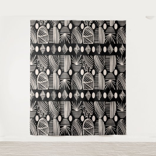 Caribische Tribal Mudcloth: Zwart, Wit, Wandkleed (Voorkant)