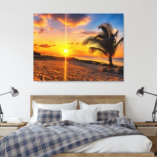 Caribische Zonsondergang Palm Canvasprint Canvas Afdruk (Insitu (Slaapkamer))