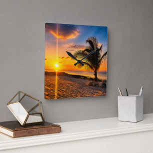 Caribische Zonsondergang Palmboom Wandklok