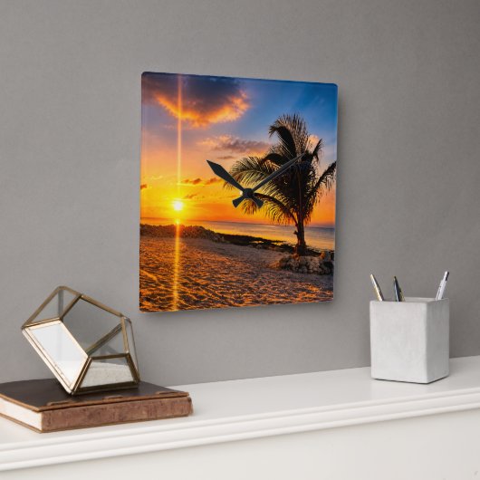 Caribische Zonsondergang Palmboom Wandklok (Kantoor)